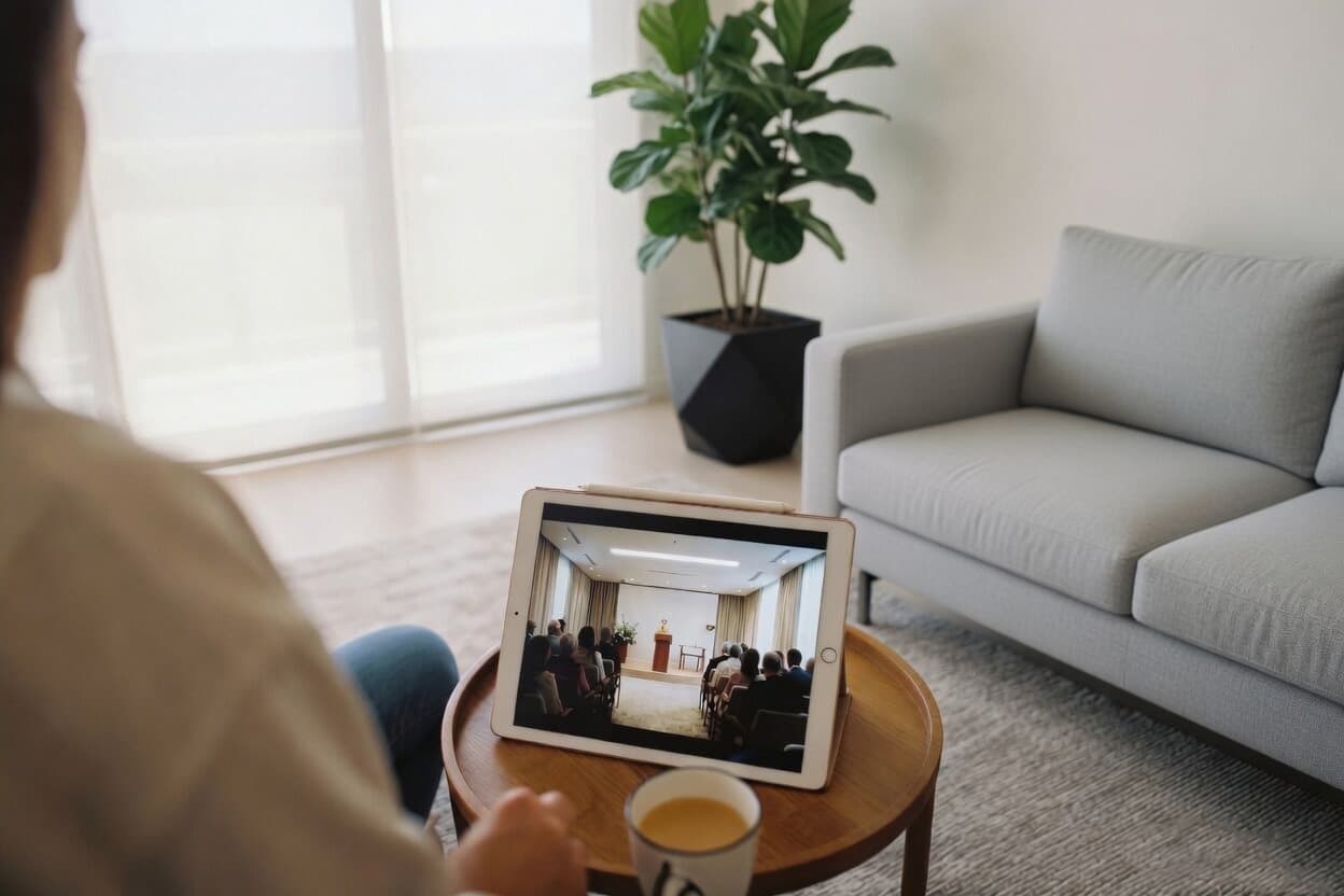 Family member watching a loved one's funeral service live streamed on memories.net from the comfort of home.